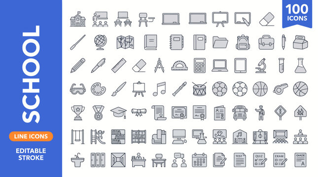A collection of 100 school line icons with editable stroke on a white background jpg