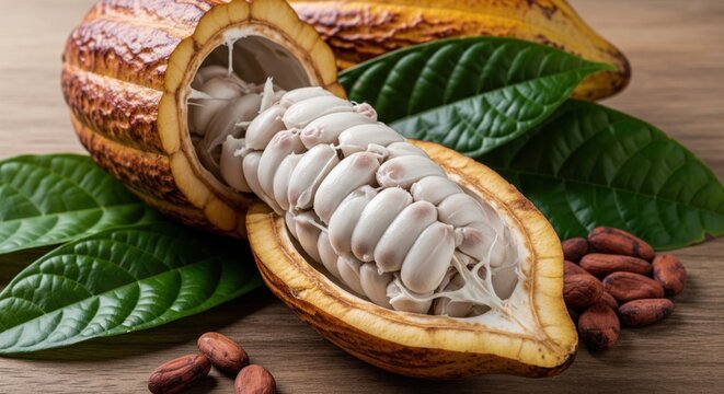 Fresh cacao fruit cut open with glossy beans inside, communicating cocoa bean origin, natural food, tropical agriculture and chocolate production.