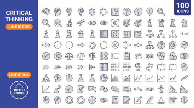 A collection of line icons representing critical thinking concepts, including problem-solving, analysis, and decision-making. jpg