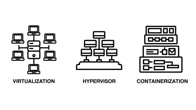 Set of infrastructure technology icons for cloud computing with virtualization hypervisor containerization computing technology infrastructure software abstract architecture management
