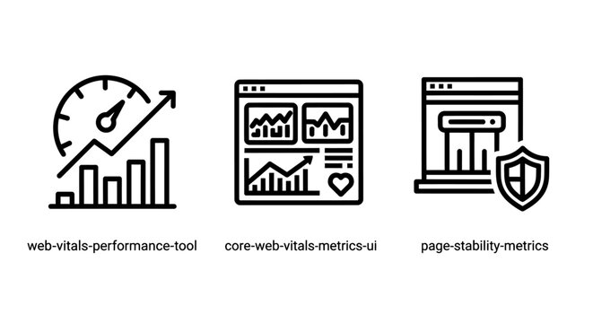 Web analytics performance and site stability monitoring icons with performance analytics stability dashboard measurement monitoring optimization statistics business internet technical
