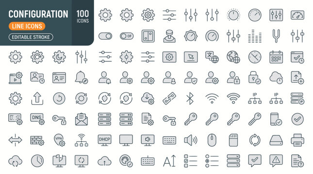 A collection of 100 editable line icons for configuration and settings on a white background jpg