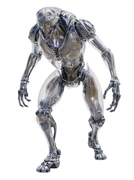 Biomechanical alien cyborg creature isolated on black background with transparent armor and futuristic science fiction design