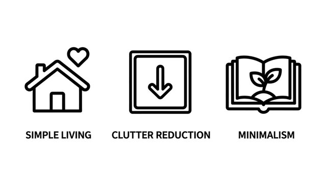 Minimalism simple living and clutter reduction outline icons with minimalism reduction lifestyle illustration monochrome isolated background creative knowledge education simplify declutter