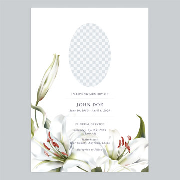 Floral funeral invitation featuring watercolor-style white Casa Blanca lily and an oval photo placeholder on a solid white background