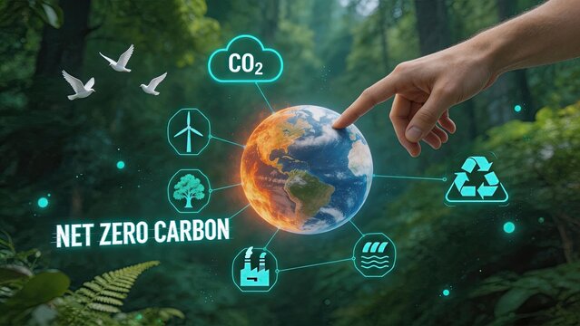 Human hand touching digital earth globe surrounded by green nature icons for net zero carbon emissions, renewable energy, recycling, and sustainable ecology protection in lush