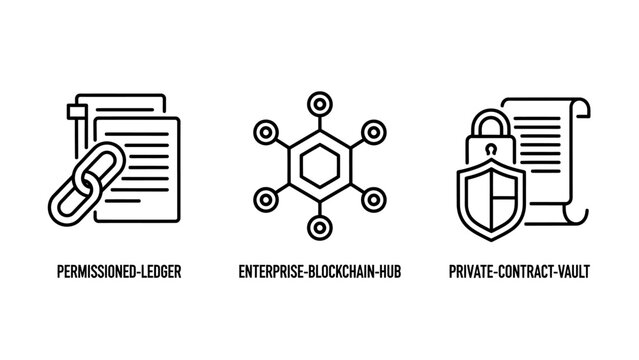 Blockchain technology permissioned ledger and contract vault outline icons with blockchain technology contract permissioned security database cryptography business distributed connected