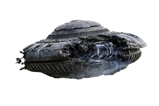 Damaged crashed UFO spacecraft with exposed futuristic machinery isolated on black background for alien science fiction concept