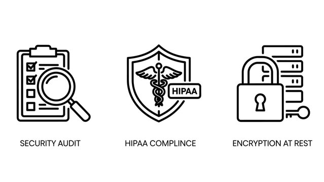 Cybersecurity and compliance icons including security audit hipaa compliance data encryption with security compliance encryption protection healthcare database information magnifying password
