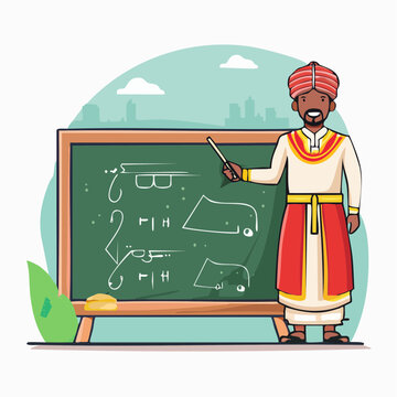 Indian Teacher in Traditional Attire Explaining on Blackboard