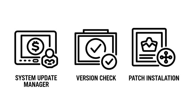 System update manager version check and software patch installation icons with installation software computer technology maintenance security technical configuration deployment administration