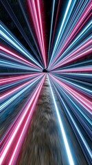 Fototapeta premium Vibrant neon light streaks zoom into a dark tunnel, creating a sense of speed and futuristic motion