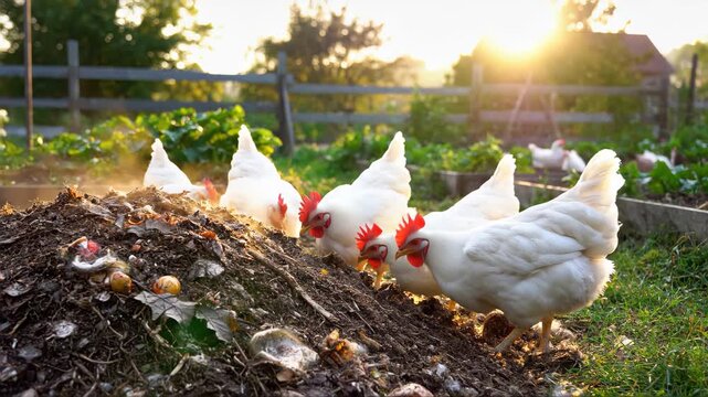 White chickens pecking and scratching at a compost pile in a backyard garden. Organic farming and sustainable living concept under warm golden sunlight