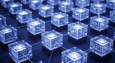 Obraz premium Digital network of glowing glass cubes connected by light beams for tech