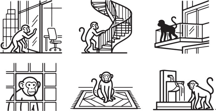 A collection of black and white line art icons depicting various monkeys in diverse indoor and outdoor living space settings
