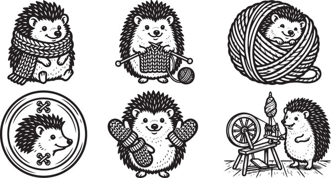 Cute black and white illustration set featuring a happy little hedgehog engaged in various cozy knitting and crafting hobby activities