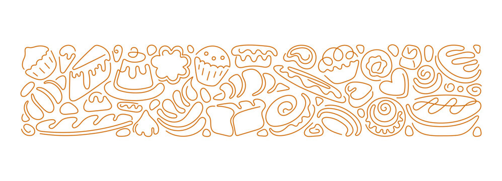 Bakery line banner. Hand drawn croissant, donut, cake and sweet treat outline. Sketch style culinary icon featuring french confectionery, chocolate dessert and breakfast items. Editable stroke