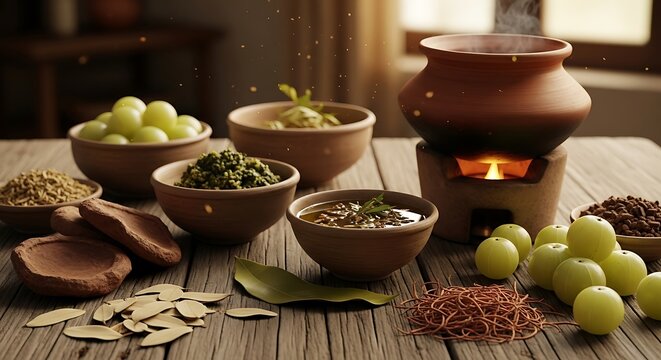 Traditional indian clay pot cooking with fresh green herbs and healthy spices on a wooden table top. amla oil