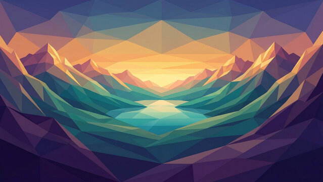 Geometric low-poly faceted mountain valley landscape with crystalline triangulated peaks surrounding turquoise lake in violet teal saffron gold colour gradient palette