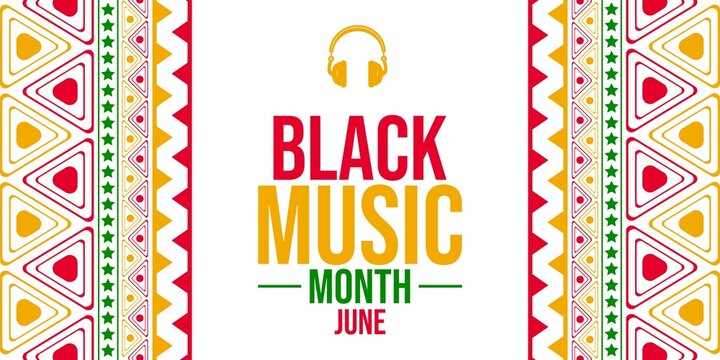 Black Music Month graphic with headphones and decorative border theme in June.
