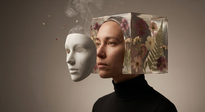 Surreal Portrait With Floating Cracked Mask and Botanical Resin Frame Concept
