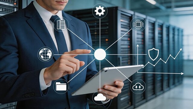 IT administrator managing cloud server network and data security on tablet, database administration concept, cybersecurity protection, global connectivity infrastructure,