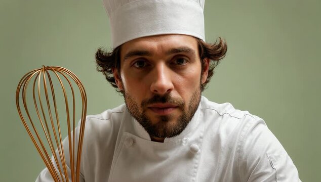 A confident chef in a crisp white uniform and tall toque holds a metallic whisk, professional culinary expert preparing gourmet meals in a bright kitchen environment.