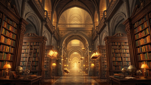 Infinite surrealist library interior with one-point perspective endless bookshelves floating glowing books stone arches and warm amber luminous light vanishing to golden horizon