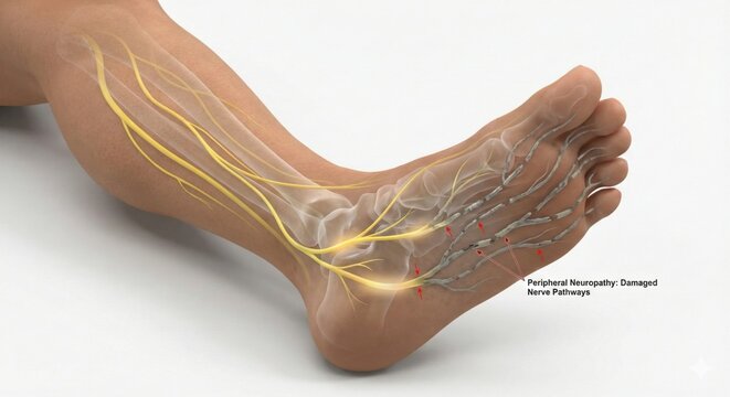 Diabetes Neuropathy medical visualization shows semi transparent foot with nerves turning from healthy to grey fragmented in toes, diabetic foot nerve damage render