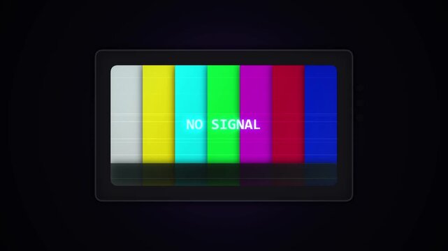 Television screen displaying no signal message on color test bars with glitch effect.