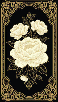 Luxury gold peony flowers vector illustration with vintage baroque frame on black background.eps