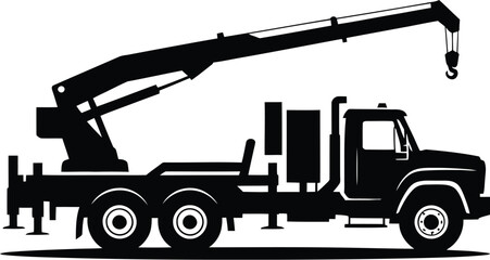 Industrial crane truck silhouette, heavy duty boom truck vector icon, mobile hydraulic lifting crane for construction and logistics equipment © rinarani