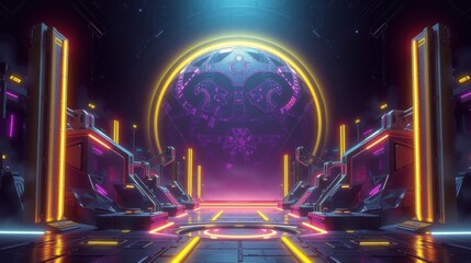Fototapeta premium Futuristic corridor glows with neon lights. Complex circular design dominates space, creating dramatic perspective. Dark tones emphasize vibrant illumination.