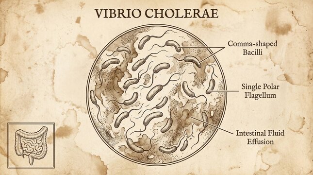 Vibrio Cholerae Bacteria Microscopic View Vintage Medical Illustration.