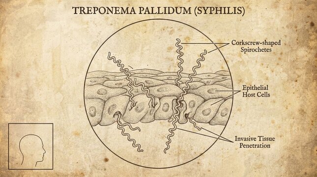 Syphilis bacteria attacking epithelial cells microscopic view medical illustration.