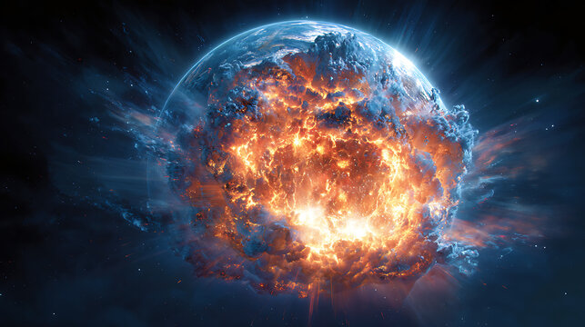 earth exploding with fire ,cosmic disaster 