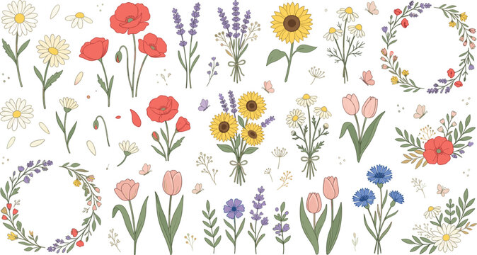 Wildflower Botanical Collection with Poppy Daisy Lavender Sunflower Tulip Floral Wreaths and Garden Bouquet Elements Design