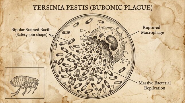 Yersinia Pestis Bubonic Plague Microscopic View Flea Vector Illustration.