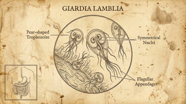 Vintage Giardia Lamblia illustration microscopic parasite human intestine diagram.