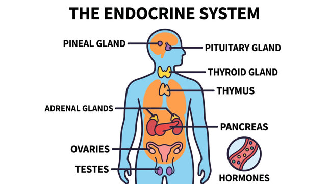 Detailed diagram of the human endocrine system, showcased in a vibrant, anatomical style with labels pointing to various glands, visualizing hormone production and functions for educational 