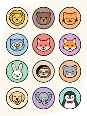 Fototapeta premium Cute Animal Avatar Icon Set with Kawaii Cartoon Faces