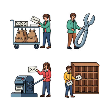 Mail Delivery Post Office Workers with Mail Cart, Machine, and Sorting