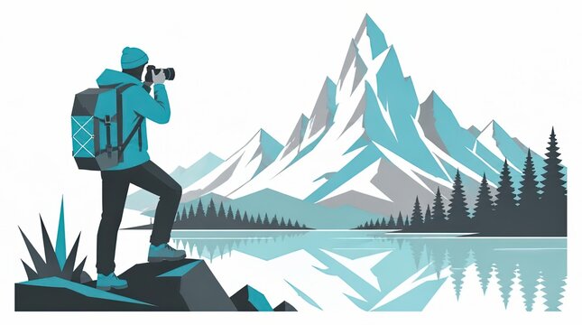 Minimalist vector illustration of a hiker with a camera, capturing a gigapixel cgi landscape featuring majestic mountains and a serene lake for professional wide cinematic visual projects.