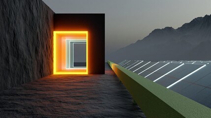 Fototapeta premium Futuristic glowing geometric portal entrance leading to a vast solar panel array with mountains in the background