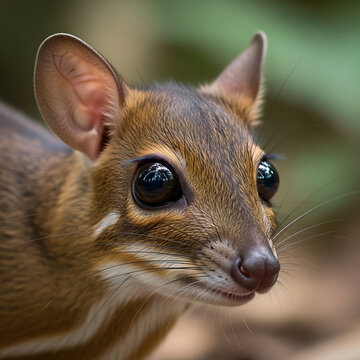 Captivating close-up of an adorable mouse-deer with large, dark eyes, showcasing its delicate features in a natural forest setting