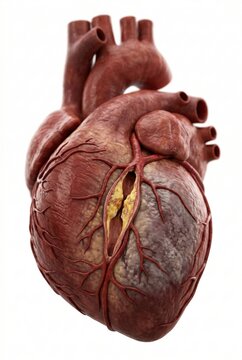 Hyper-realistic 3D visualization of ischemic heart disease displaying coronary artery plaque and resulting necrotic myocardial infarction distal to obstruction within clinical cardiovascular science