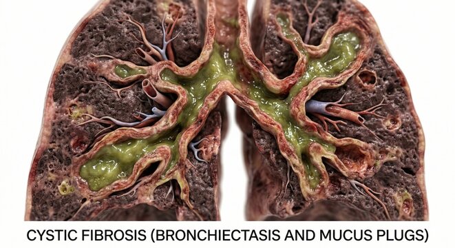 Anatomical visualization displaying bronchiectasis and thick mucus plugs in lung afflicted by cystic fibrosis representing genetic chronic respiratory pathology clinical medicine