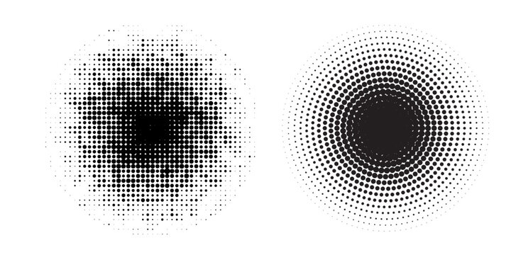 Vector set of halftone design elements. Abstract circles with dotted gradient halftone effect