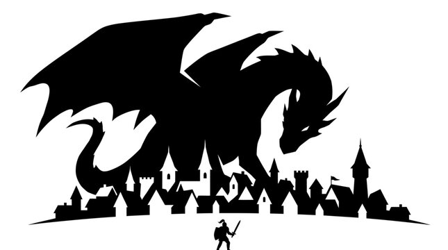 Silhouette of a fearsome dragon soaring over a medieval town with a tiny warrior facing the beast