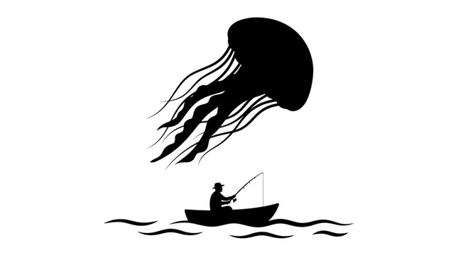Graphic illustration of a tiny fisherman in his boat dwarfed by the massive silhouette of a looming jellyfish